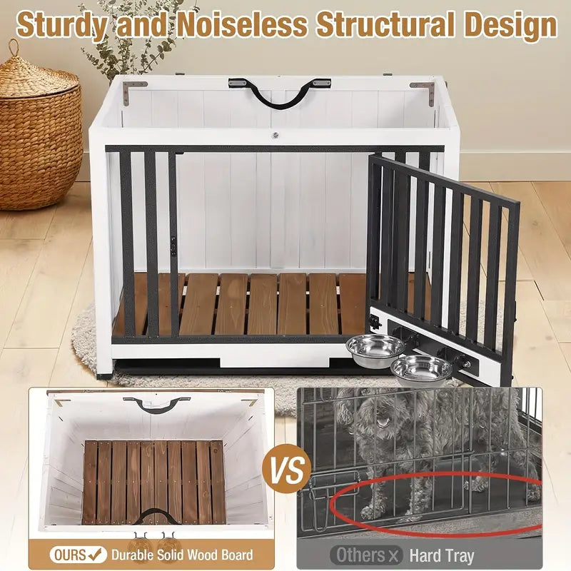 360°Rotatable  Wooden Dog Crate End Table - Space-Saving Folding Design, Portable, Modern, with Removable Dog Bowls & Tray, for Small and Medium-Sized Breeds