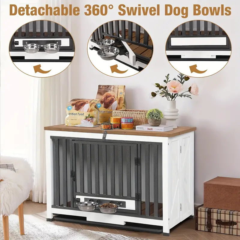 360°Rotatable  Wooden Dog Crate End Table - Space-Saving Folding Design, Portable, Modern, with Removable Dog Bowls & Tray, for Small and Medium-Sized Breeds