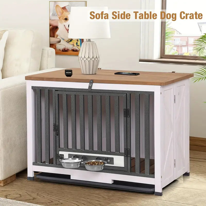 360°Rotatable  Wooden Dog Crate End Table - Space-Saving Folding Design, Portable, Modern, with Removable Dog Bowls & Tray, for Small and Medium-Sized Breeds